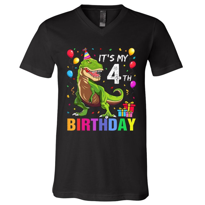 Kids Its My 4th Birthday Happy 4 Year T Rex V-Neck T-Shirt