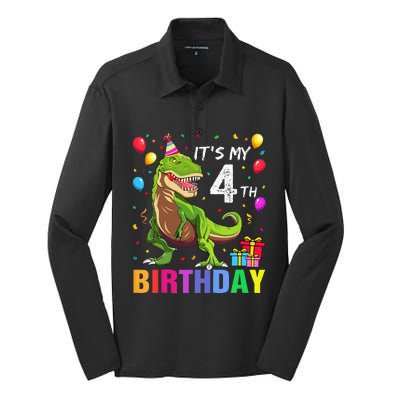 Kids Its My 4th Birthday Happy 4 Year T Rex Silk Touch Performance Long Sleeve Polo