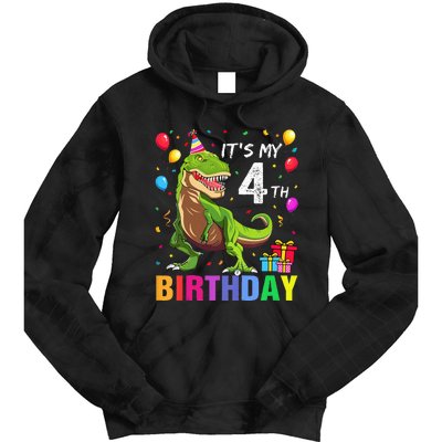 Kids Its My 4th Birthday Happy 4 Year T Rex Tie Dye Hoodie