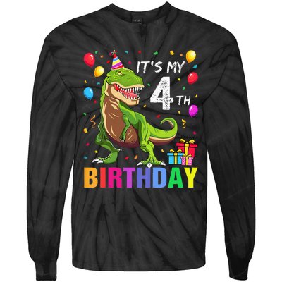 Kids Its My 4th Birthday Happy 4 Year T Rex Tie-Dye Long Sleeve Shirt