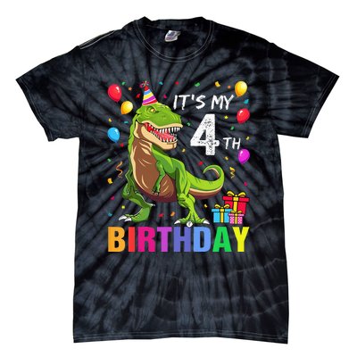 Kids Its My 4th Birthday Happy 4 Year T Rex Tie-Dye T-Shirt