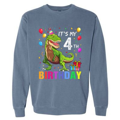 Kids Its My 4th Birthday Happy 4 Year T Rex Garment-Dyed Sweatshirt