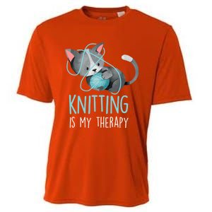 Knitting Is My Therapy Gift Funny Crocheting Cat Lover Great Gift Cooling Performance Crew T-Shirt