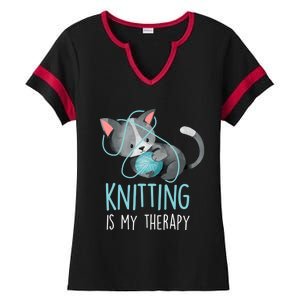 Knitting Is My Therapy Gift Funny Crocheting Cat Lover Great Gift Ladies Halftime Notch Neck Tee