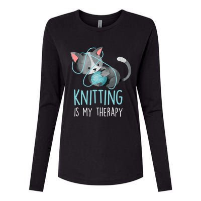 Knitting Is My Therapy Gift Funny Crocheting Cat Lover Great Gift Womens Cotton Relaxed Long Sleeve T-Shirt