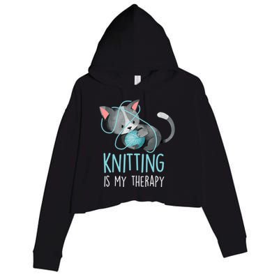 Knitting Is My Therapy Gift Funny Crocheting Cat Lover Great Gift Crop Fleece Hoodie