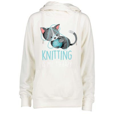 Knitting Is My Therapy Gift Funny Crocheting Cat Lover Great Gift Womens Funnel Neck Pullover Hood