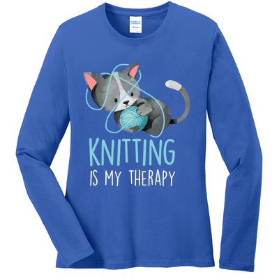 Knitting Is My Therapy Gift Funny Crocheting Cat Lover Great Gift Ladies Long Sleeve Shirt