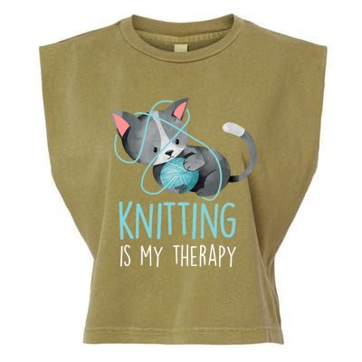 Knitting Is My Therapy Gift Funny Crocheting Cat Lover Great Gift Garment-Dyed Women's Muscle Tee