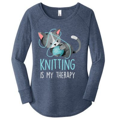 Knitting Is My Therapy Gift Funny Crocheting Cat Lover Great Gift Women's Perfect Tri Tunic Long Sleeve Shirt