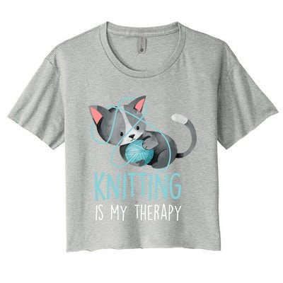 Knitting Is My Therapy Gift Funny Crocheting Cat Lover Great Gift Women's Crop Top Tee