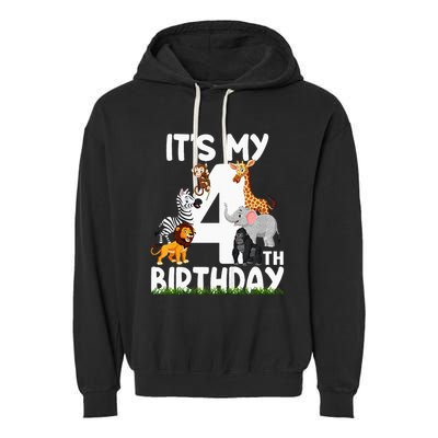 Kids Its My 4th Birthday Zoo Jungle Safari 4 Years Old Animals Garment-Dyed Fleece Hoodie