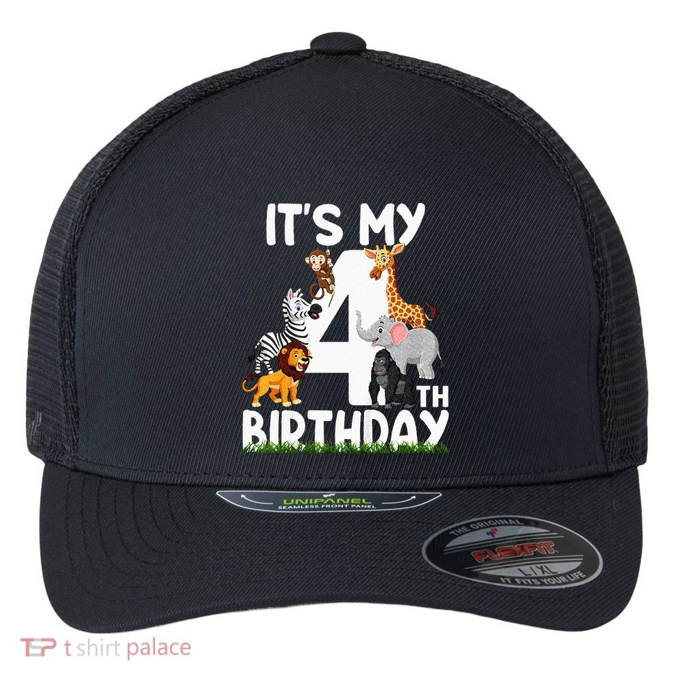 Kids Its My 4th Birthday Zoo Jungle Safari 4 Years Old Animals Flexfit Unipanel Trucker Cap