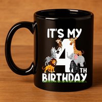 Kids Its My 4th Birthday Zoo Jungle Safari 4 Years Old Animals 11oz C Handle Ceramic Mug