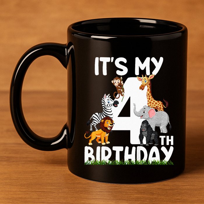 Kids Its My 4th Birthday Zoo Jungle Safari 4 Years Old Animals 11oz C Handle Ceramic Mug