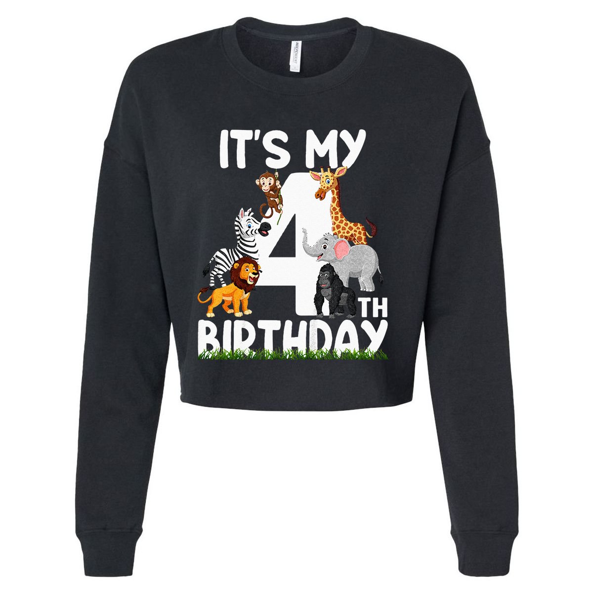 Kids Its My 4th Birthday Zoo Jungle Safari 4 Years Old Animals Cropped Pullover Crew