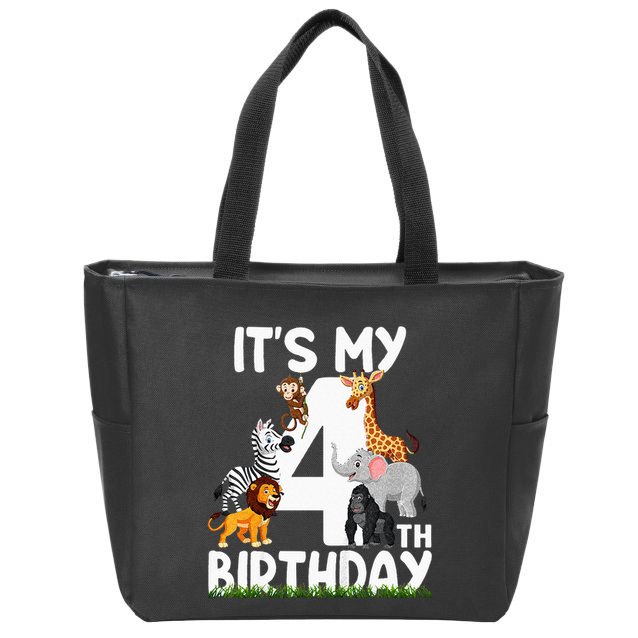 Kids Its My 4th Birthday Zoo Jungle Safari 4 Years Old Animals Zip Tote Bag