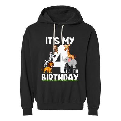 Kids Its My 4th Birthday Zoo Jungle Safari 4 Years Old Animals Garment-Dyed Fleece Hoodie
