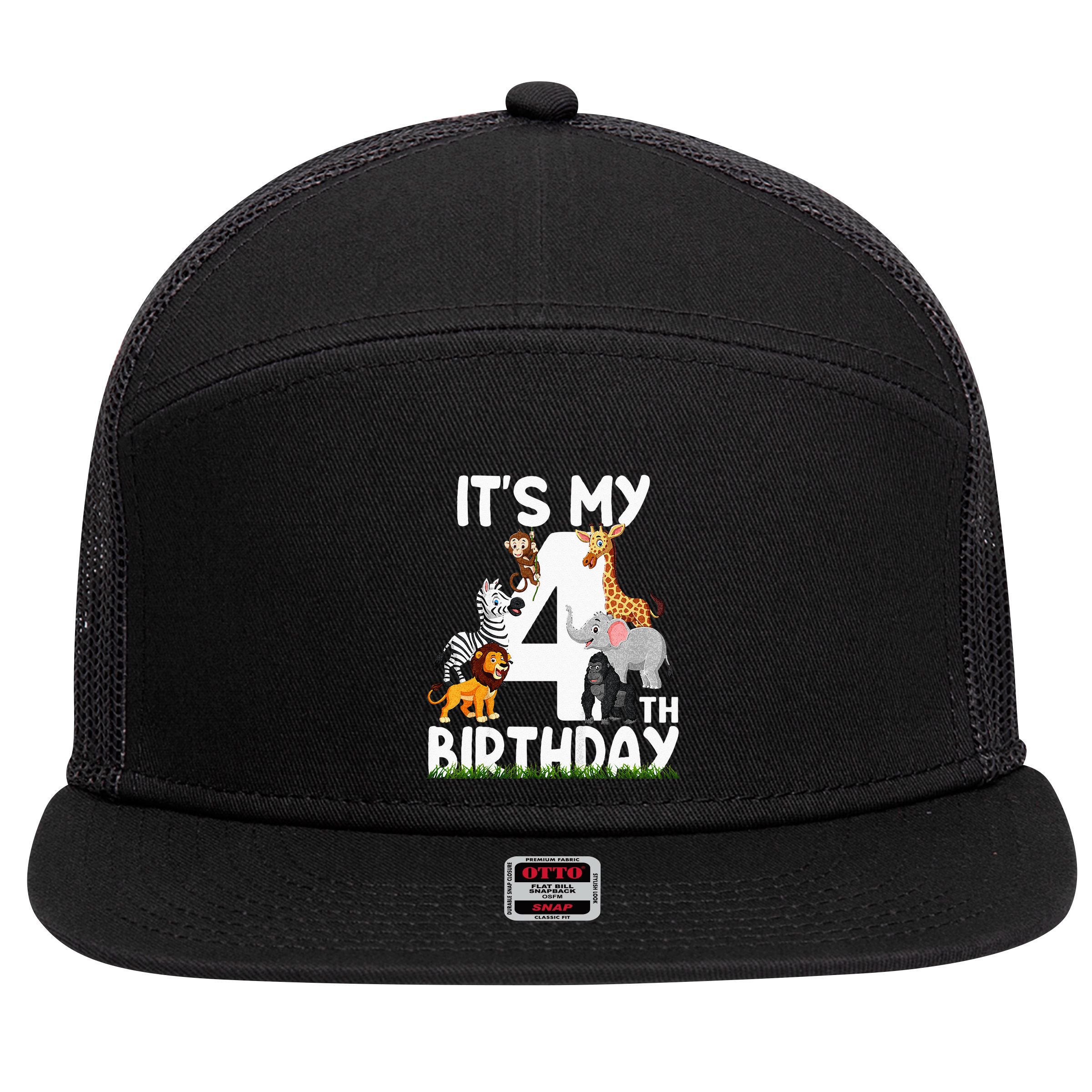 Kids Its My 4th Birthday Zoo Jungle Safari 4 Years Old Animals 7 Panel Mesh Trucker Snapback Hat