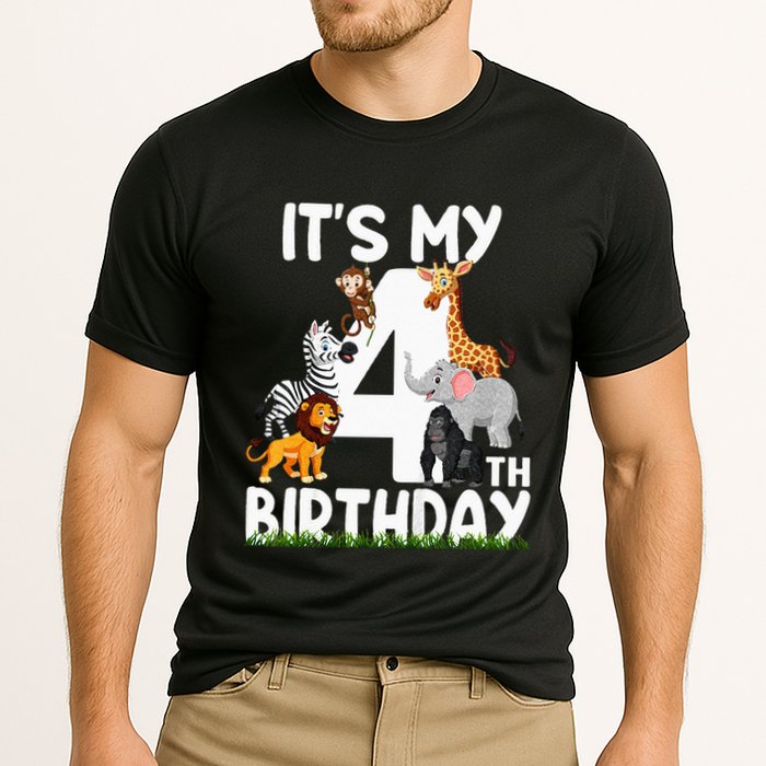 Kids Its My 4th Birthday Zoo Jungle Safari 4 Years Old Animals Cooling Performance Crew T-Shirt