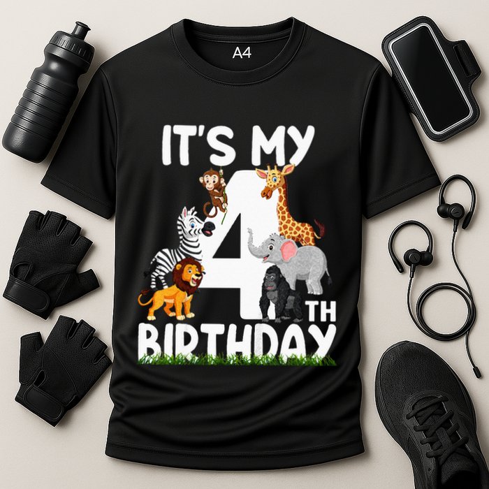 Kids Its My 4th Birthday Zoo Jungle Safari 4 Years Old Animals Cooling Performance Crew T-Shirt