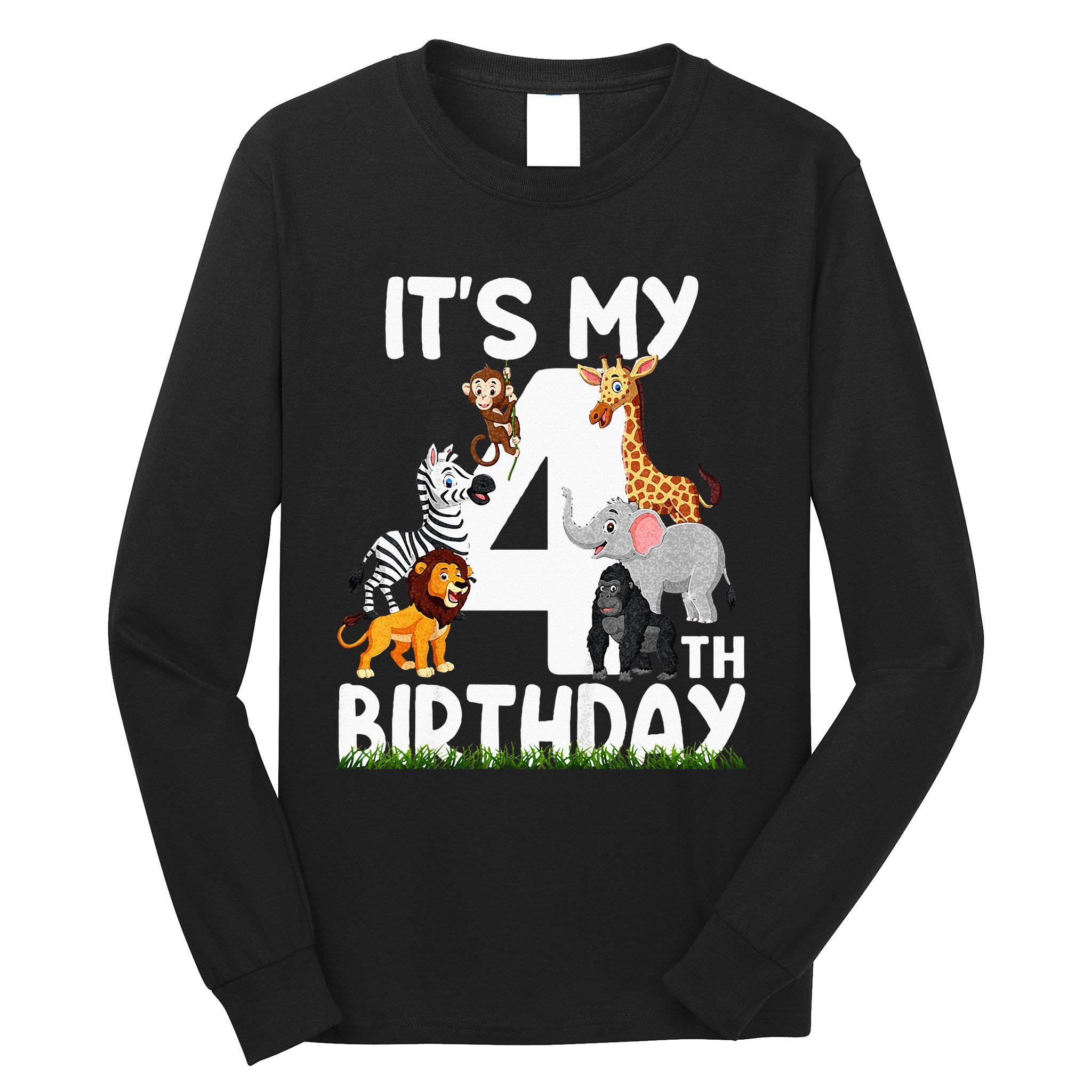 Kids Its My 4th Birthday Zoo Jungle Safari 4 Years Old Animals Long Sleeve Shirt