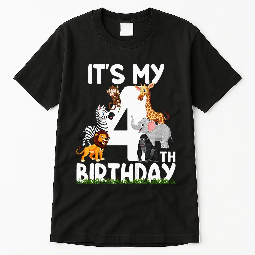Kids Its My 4th Birthday Zoo Jungle Safari 4 Years Old Animals Tall T-Shirt
