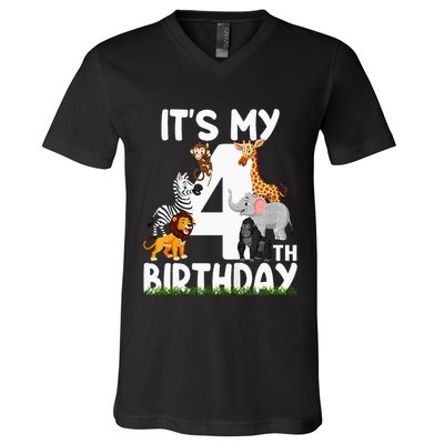 Kids Its My 4th Birthday Zoo Jungle Safari 4 Years Old Animals V-Neck T-Shirt