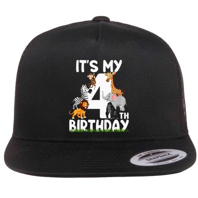 Kids Its My 4th Birthday Zoo Jungle Safari 4 Years Old Animals Flatbill Hat