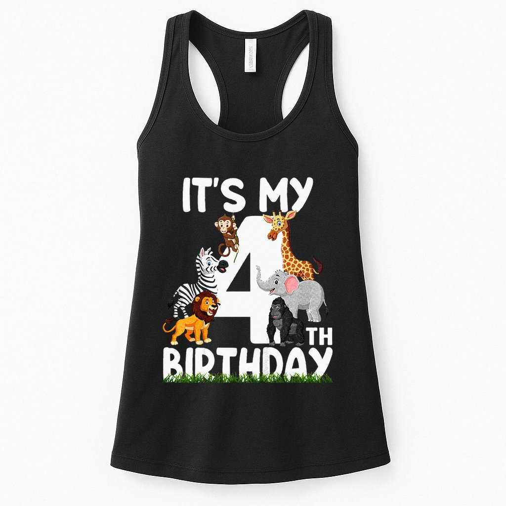 Kids Its My 4th Birthday Zoo Jungle Safari 4 Years Old Animals Womens Tank Top
