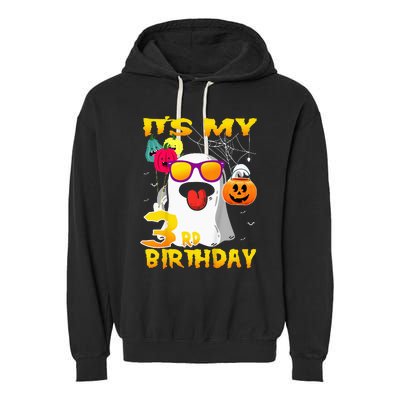 Kids Its My 3rd Birthday Ghost Pumpkin Halloween Party 3 Years Garment-Dyed Fleece Hoodie