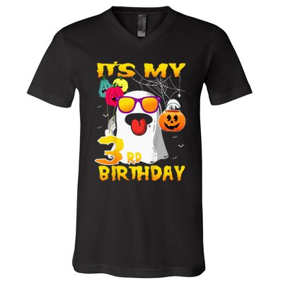 Kids Its My 3rd Birthday Ghost Pumpkin Halloween Party 3 Years V-Neck T-Shirt