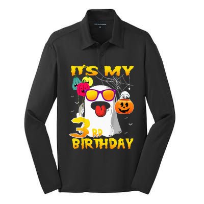 Kids Its My 3rd Birthday Ghost Pumpkin Halloween Party 3 Years Silk Touch Performance Long Sleeve Polo