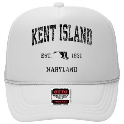 Kent Island Maryland Md Vintage Athletic Black Sports Design High Crown Mesh Back Trucker Hat