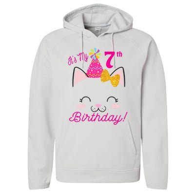 Kids Its My 7th Birthday Shirt Girl Kitty Cat Theme Party Outfit Performance Fleece Hoodie