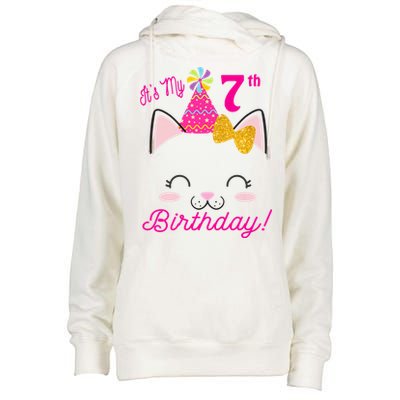 Kids Its My 7th Birthday Shirt Girl Kitty Cat Theme Party Outfit Womens Funnel Neck Pullover Hood