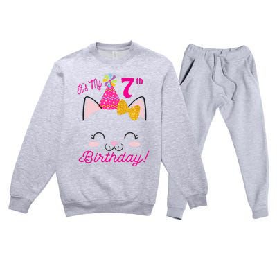 Kids Its My 7th Birthday Shirt Girl Kitty Cat Theme Party Outfit Premium Crewneck Sweatsuit Set