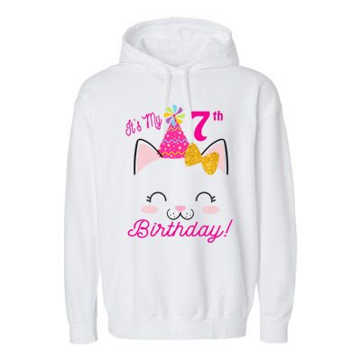 Kids Its My 7th Birthday Shirt Girl Kitty Cat Theme Party Outfit Garment-Dyed Fleece Hoodie