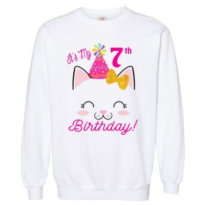 Kids Its My 7th Birthday Shirt Girl Kitty Cat Theme Party Outfit Garment-Dyed Sweatshirt