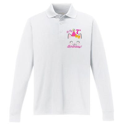 Kids Its My 7th Birthday Shirt Girl Kitty Cat Theme Party Outfit Performance Long Sleeve Polo