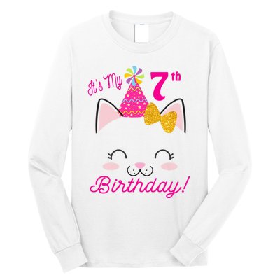 Kids Its My 7th Birthday Shirt Girl Kitty Cat Theme Party Outfit Long Sleeve Shirt