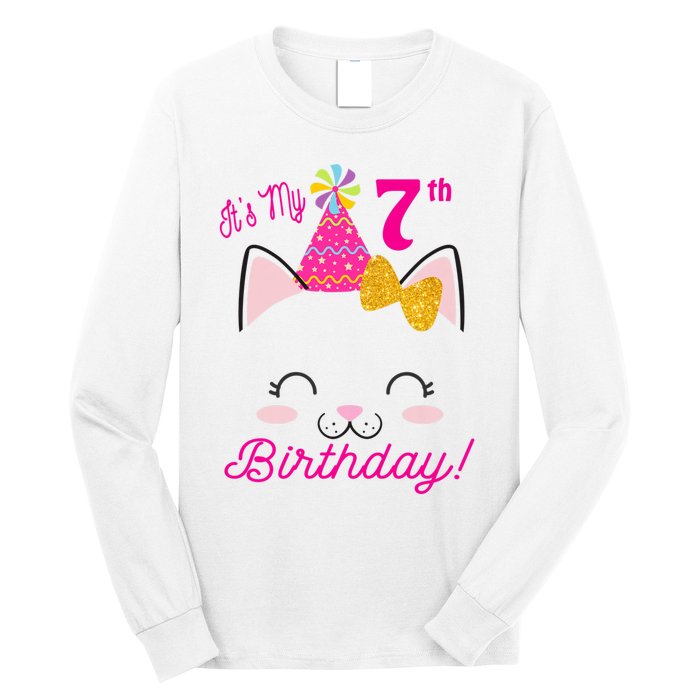 Kids Its My 7th Birthday Shirt Girl Kitty Cat Theme Party Outfit Long Sleeve Shirt