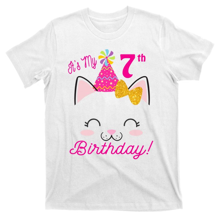 Kids Its My 7th Birthday Shirt Girl Kitty Cat Theme Party Outfit T-Shirt