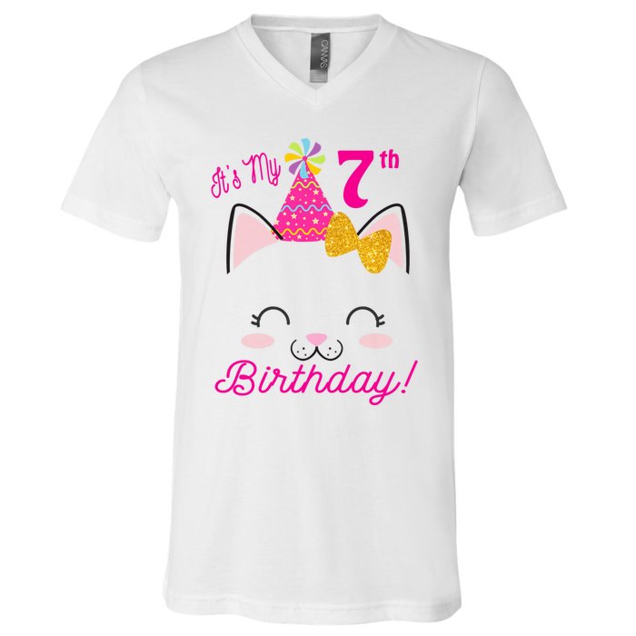 Kids Its My 7th Birthday Shirt Girl Kitty Cat Theme Party Outfit V-Neck T-Shirt