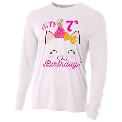 Kids Its My 7th Birthday Shirt Girl Kitty Cat Theme Party Outfit Cooling Performance Long Sleeve Crew