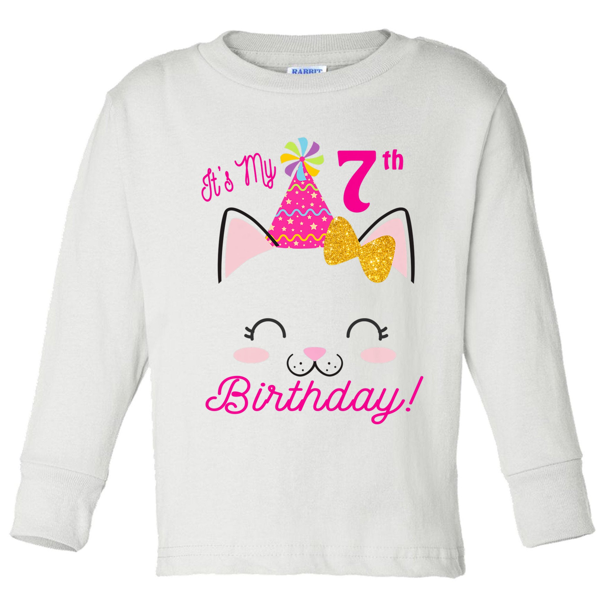 Kids Its My 7th Birthday Shirt Girl Kitty Cat Theme Party Outfit Toddler Long Sleeve Shirt