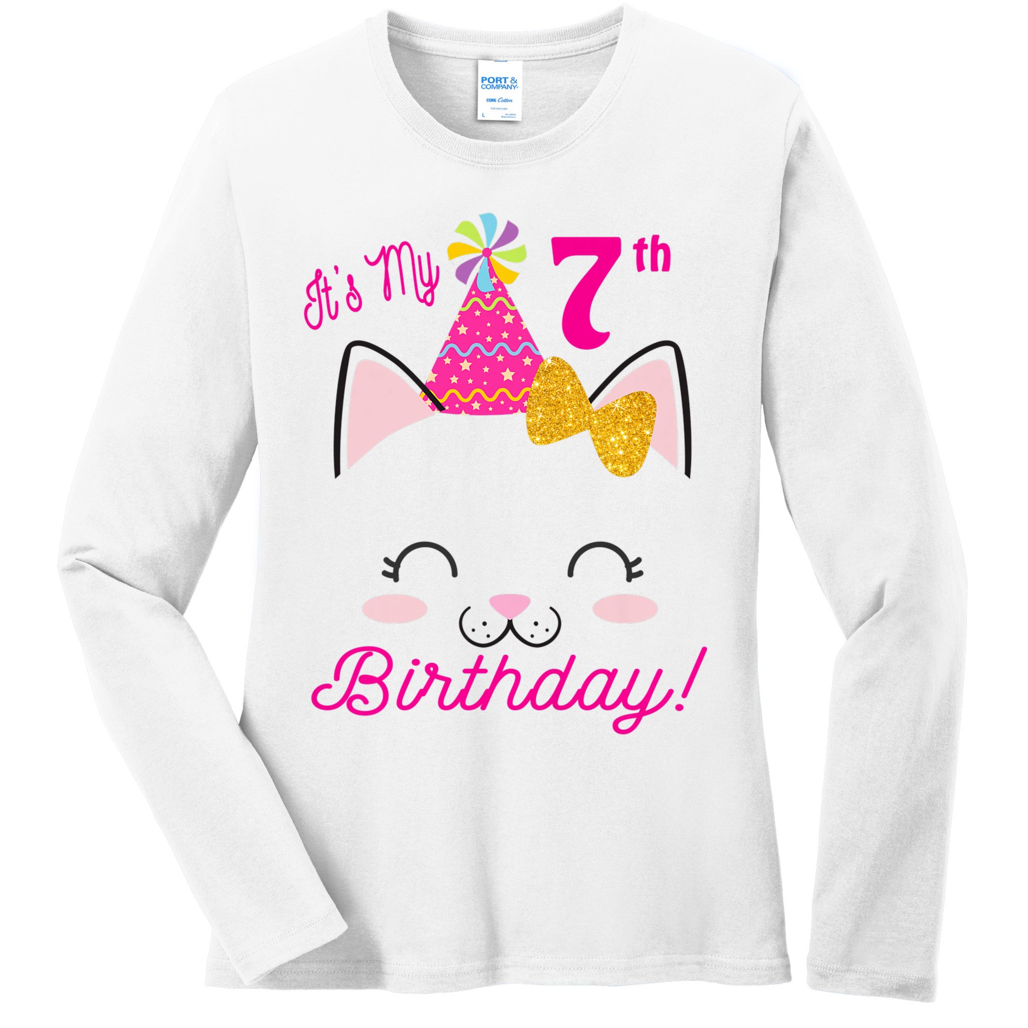 Kids Its My 7th Birthday Shirt Girl Kitty Cat Theme Party Outfit Ladies Long Sleeve Shirt