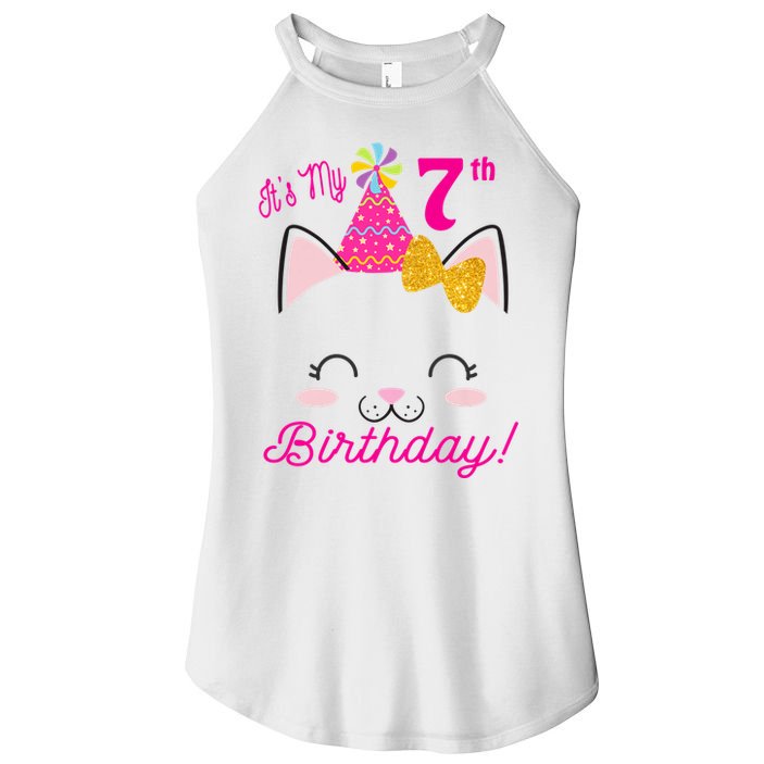 Kids Its My 7th Birthday Shirt Girl Kitty Cat Theme Party Outfit Women's Perfect Tri Rocker Tank