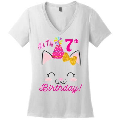 Kids Its My 7th Birthday Shirt Girl Kitty Cat Theme Party Outfit Women's V-Neck T-Shirt