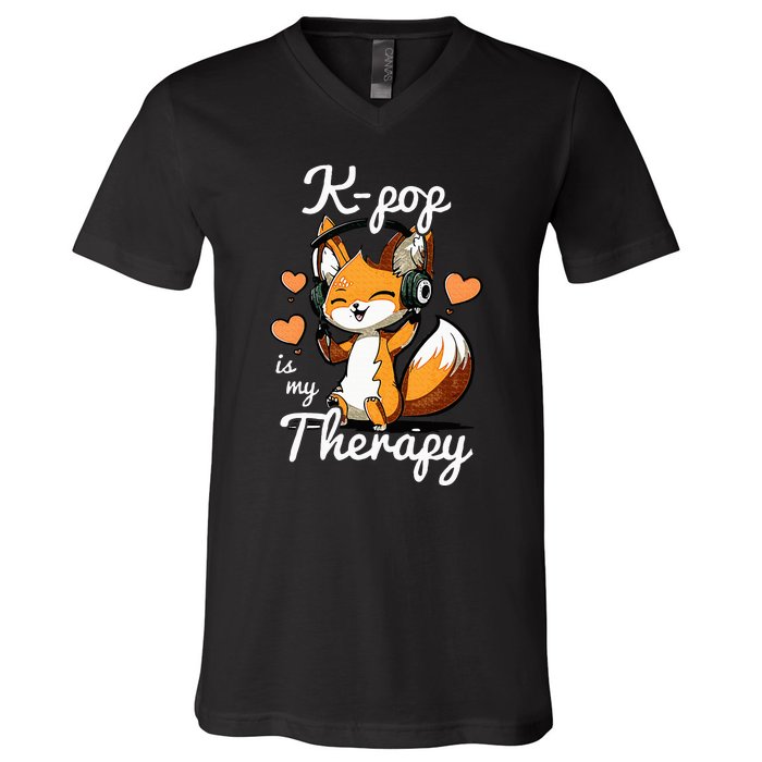 Kpop Is My Therapy Fox Korean V-Neck T-Shirt